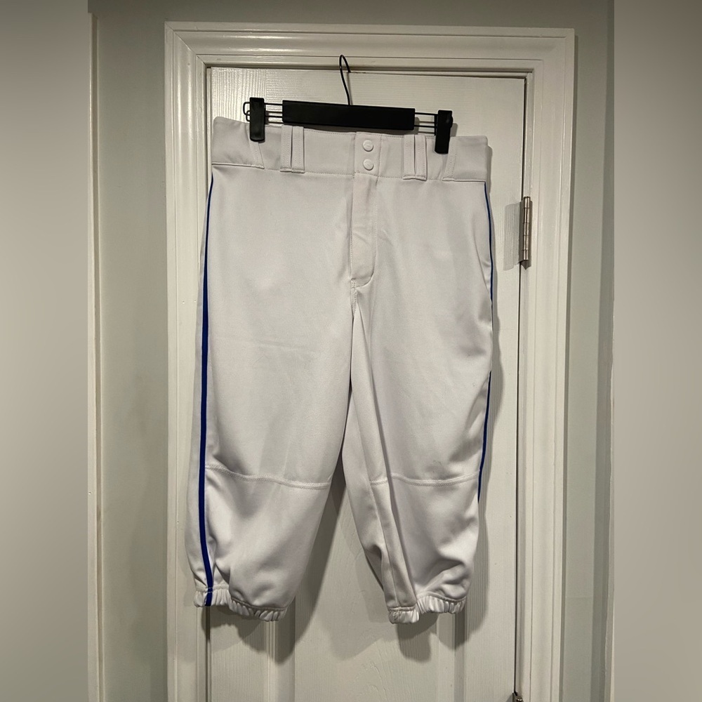 Champro Mens Size M White Blue Side Stripe Zip Up Snap 3/4 Length Baseball Pants